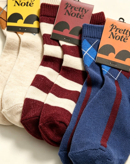 Pretty Note Women's Vintage Mid Calf Socks, 3 Pairs Retro Argyle & Striped Knit Crew Socks, Casual Preppy Style Cotton Socks for Daily Wear