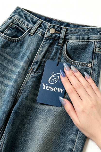 Yesew Women's High Waisted Straight Leg Jeans, Vintage Washed Loose Wide Leg Denim Pants, Classic 5 Pocket Slim Fit Casual Denim Trousers
