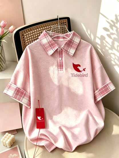 Tidebird Women's Short Sleeve Polo Shirt, Plaid Collar Cuff Design, Loose Casual Oversized T-Shirt, Cute Bird Logo Print Summer Tops for Girls