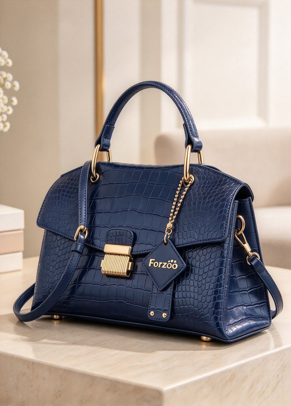 Forzoo Ladies' Handbags, Crocodile Pattern Top Handle Satchel, Elegant PU Leather Shoulder Crossbody Bag with Detachable Strap, Classic Flap Lock Purse for Daily Work Party