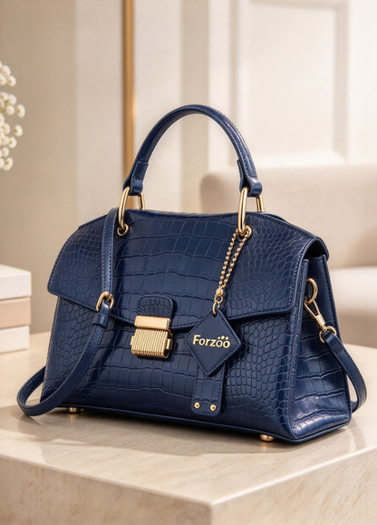 Forzoo Ladies' Handbags, Crocodile Pattern Top Handle Satchel, Elegant PU Leather Shoulder Crossbody Bag with Detachable Strap, Classic Flap Lock Purse for Daily Work Party