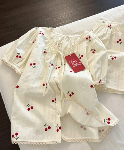 Slowsay Women’s Short Sleeve Sleepwear Set, Sweet Cherry Print Sleepwear with Lace Trim, Front Button Down Bow Loose 2 Piece Pajama Set