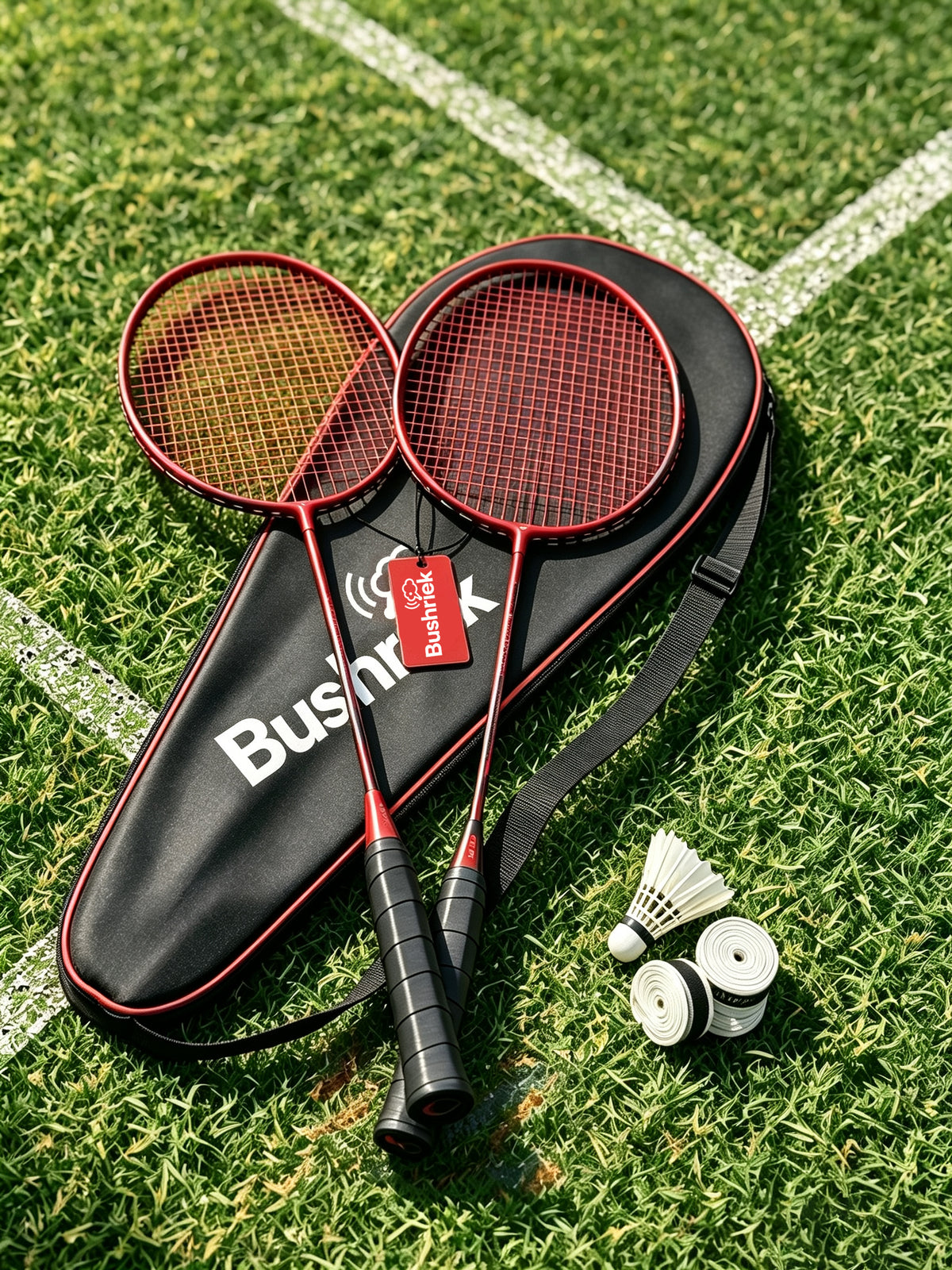 Bushriek Badminton Rackets Set of 2, Lightweight Carbon‑Fiber Shuttlecock Game Kit with Carry Bag, 1 Shuttlecock & 3 Overgrips, for Adults, Beginners & Recreational Outdoor Play
