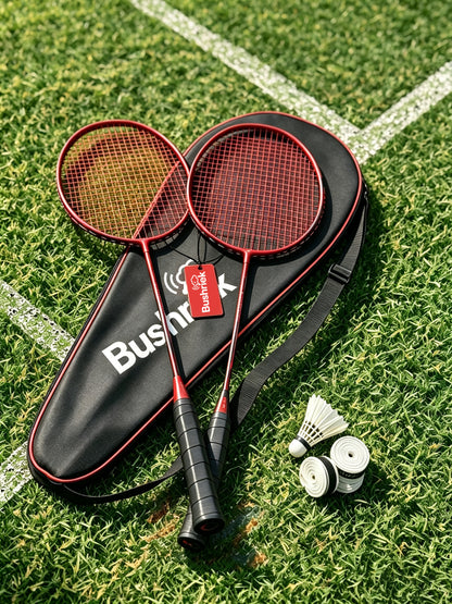 Bushriek Badminton Rackets Set of 2, Lightweight Carbon‑Fiber Shuttlecock Game Kit with Carry Bag, 1 Shuttlecock & 3 Overgrips, for Adults, Beginners & Recreational Outdoor Play