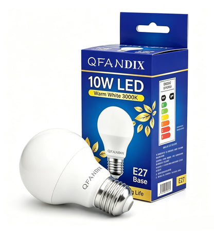 QFANDIX 10W LED Light Bulb, E27 Base, 3000K Warm White, Energy Saving A60 LED Bulbs, Long Lifespan for Home Lighting