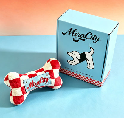MiraCity Plush Bone Dog Toy, Red White Checkered Squeaky Dog Toy, Cute Stuffed Bone Chew Toy for Puppy Small Medium Dogs, Gift Box Packaging