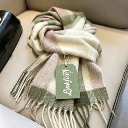 Linkfish Women Plaid Scarf, Soft Thick Tassel Shawl Wrap, Classic Green Beige Check Scarves, Large Warm Blanket Scarf for Fall Winter, Fashion Ladies Neck Scarf