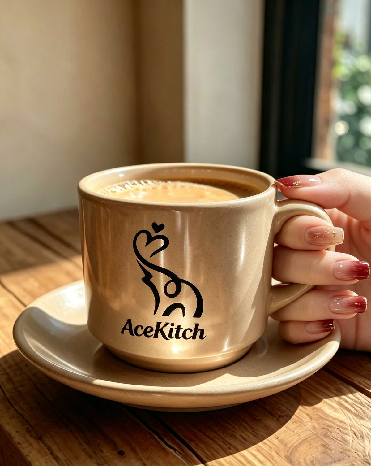 AceKitch Ceramic Coffee Mug with Saucer Set, Speckled Beige Espresso Cup, Stylish Latte Tea Cup for Home Kitchen Office, Ideal Gift for Coffee Lovers