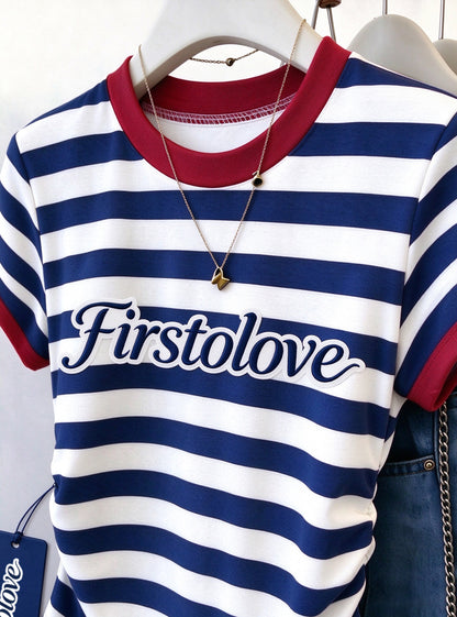 Firstolove Women's Striped Short Sleeve T-Shirt, Color Block Crew Neck Slim Fit Tee, Side Ruched Casual Summer Top