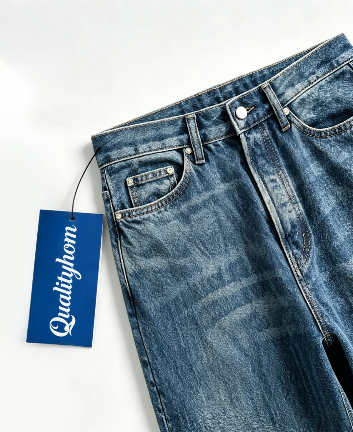 Qualityhom High Waist Wide Leg Jeans for Women, Vintage Washed Loose Denim Pants, Casual Straight Baggy Denim Trousers with Pockets