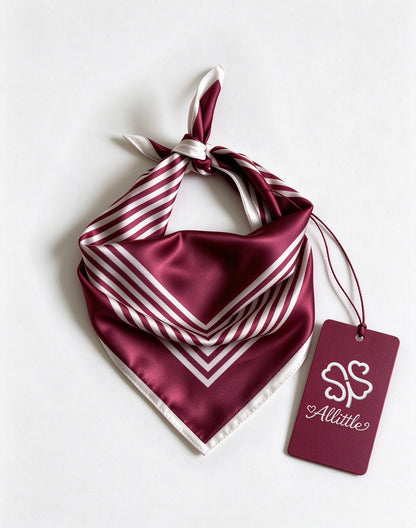 Allittle Satin Neck Scarf for Women, Burgundy White Striped Decorative Bandana, Retro Square Neckerchief for Outfit Accessory