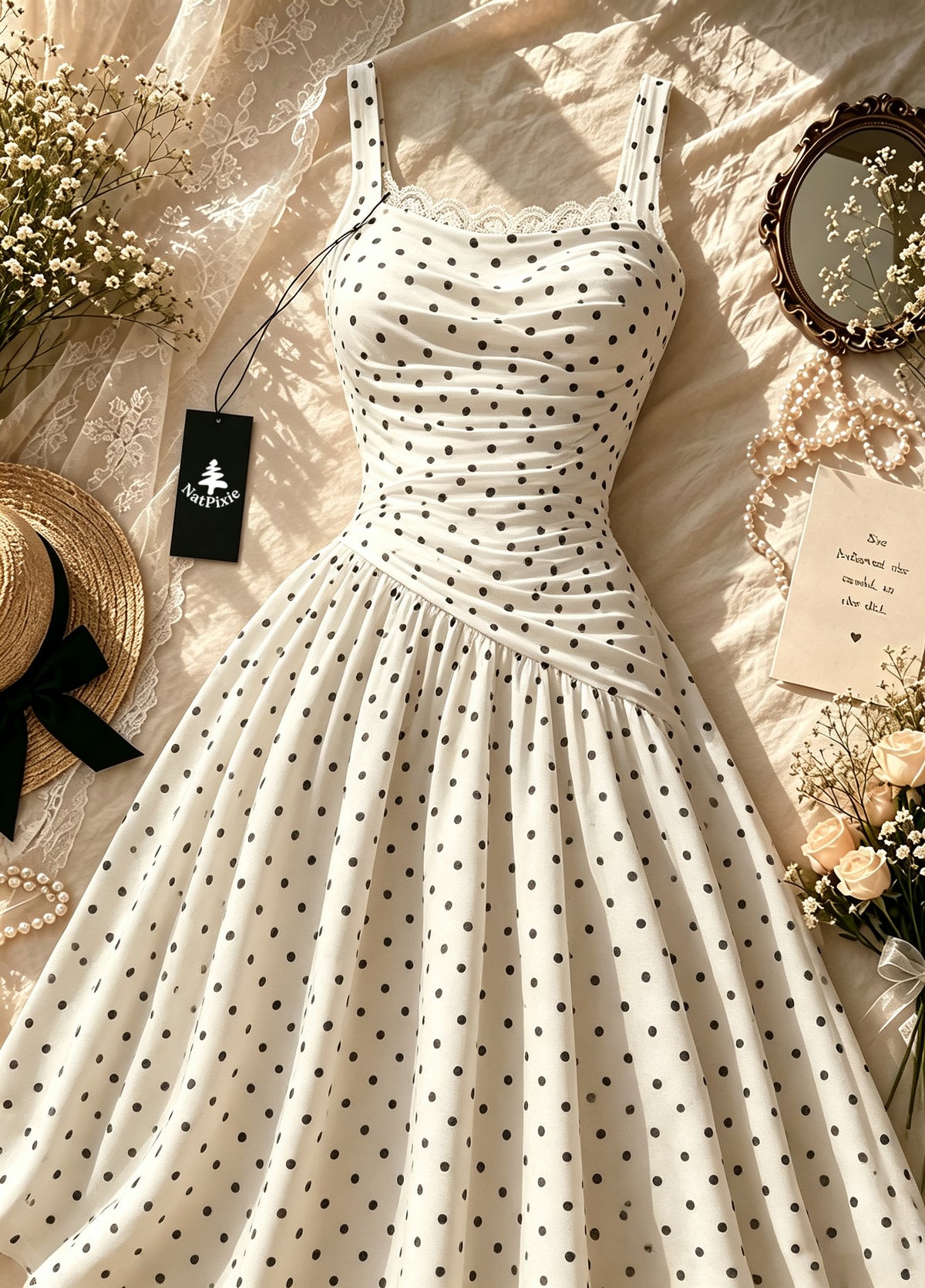 NatPixie Women's Spaghetti Strap Midi Dress, White Black Polka Dot Dress with Lace Trim, Ruched Waist Flowy A Line Summer Dress for Party Vacation