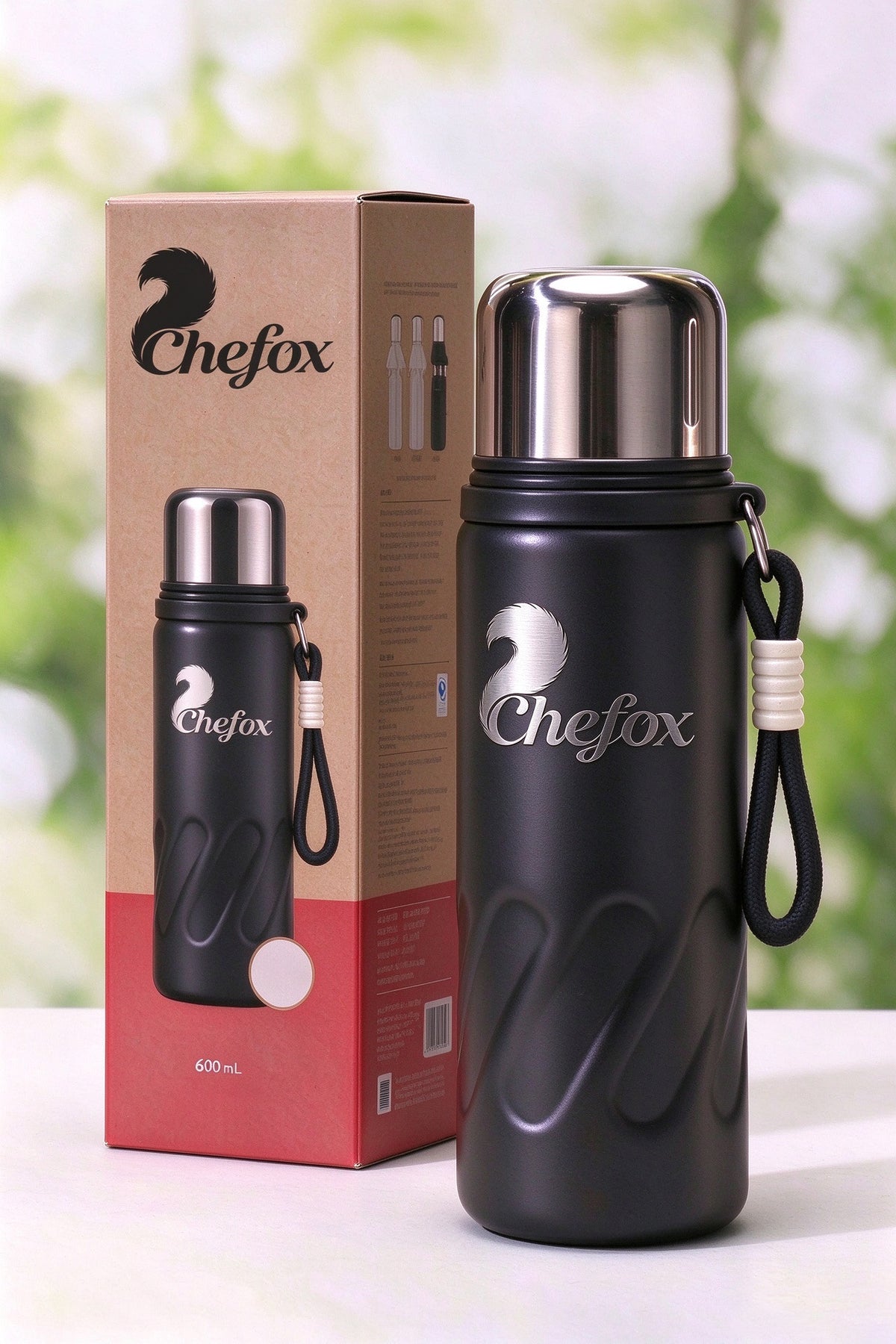 Chefox 600ml Stainless Steel Vacuum Insulated Mugs, Leak Proof Travel Thermos with Carry Strap, Double Wall Reusable Thermal Flask for Outdoor Camping Hiking