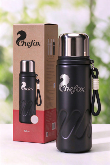 Chefox 600ml Stainless Steel Vacuum Insulated Mugs, Leak Proof Travel Thermos with Carry Strap, Double Wall Reusable Thermal Flask for Outdoor Camping Hiking