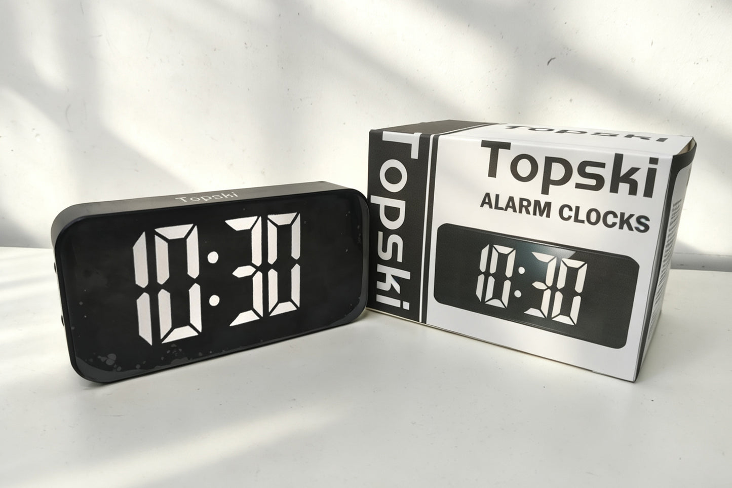 Topski Digital Alarm Clock, Large LED Mirror Display Bedside Clock with Adjustable Brightness, Snooze Function, Dual Power Supply Electronic Clock for Bedroom, Desk, Office, Kids Adults