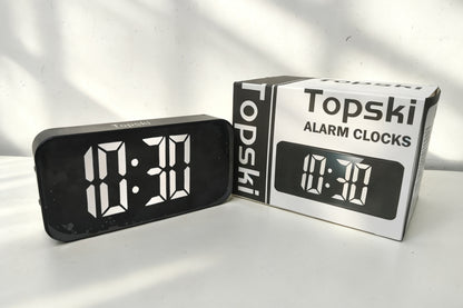 Topski Digital Alarm Clock, Large LED Mirror Display Bedside Clock with Adjustable Brightness, Snooze Function, Dual Power Supply Electronic Clock for Bedroom, Desk, Office, Kids Adults