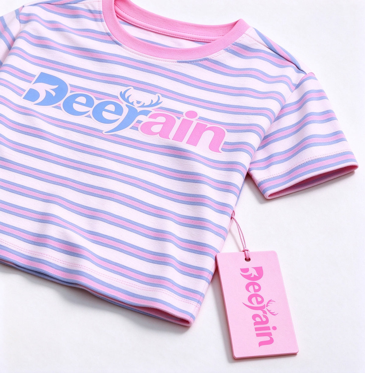 Deerain Kids Short Sleeve T-Shirt, Pink Blue White Striped Crew Neck Crop Top, Letter Print Casual Tee for Girls