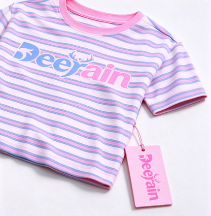 Deerain Kids Short Sleeve T-Shirt, Pink Blue White Striped Crew Neck Crop Top, Letter Print Casual Tee for Girls