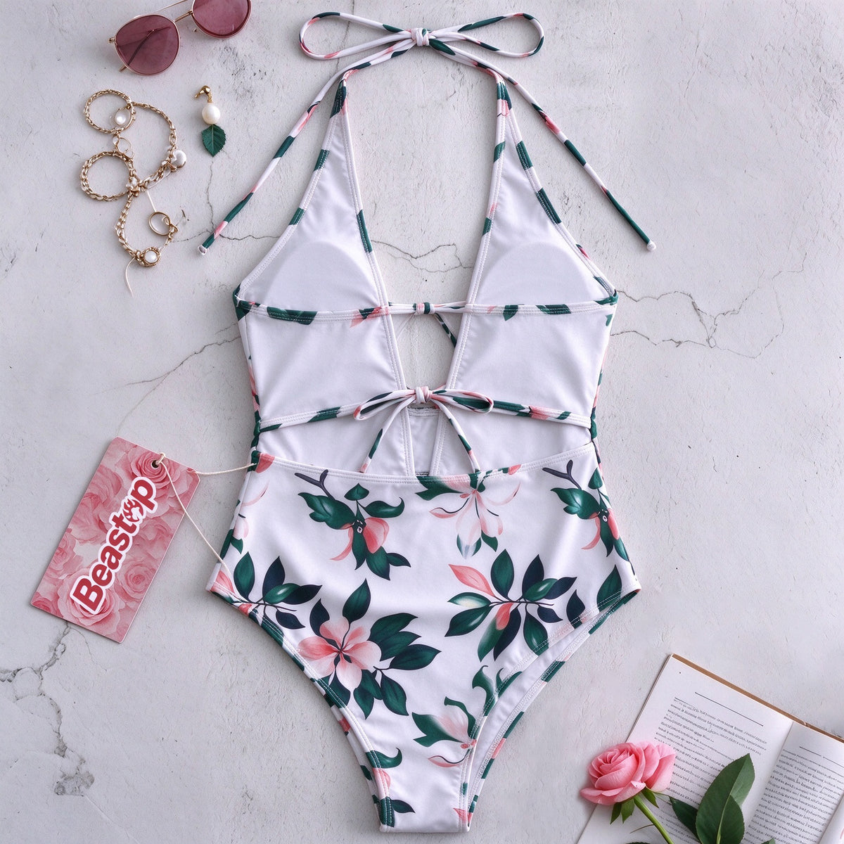 Beastop Women's Floral One Piece Swimsuit Deep V Halter Tie Back Tummy Control Bathing Suit for Beach Pool