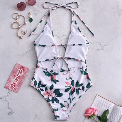 Beastop Women's Floral One Piece Swimsuit Deep V Halter Tie Back Tummy Control Bathing Suit for Beach Pool