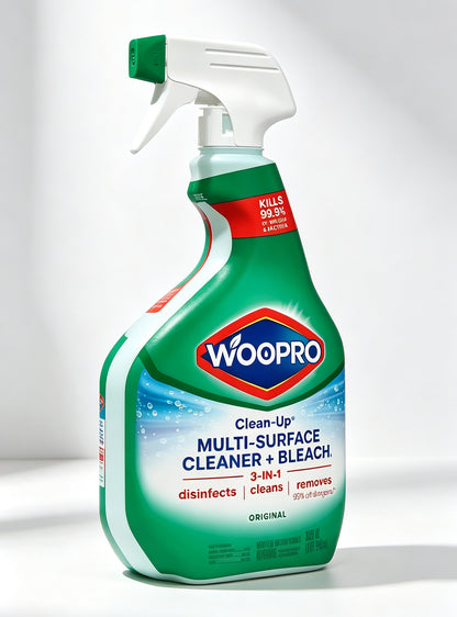 WOOPRO Clean-Up Multi-Surface Cleaner with Bleach, 3-in-1 Disinfecting Spray, Kills 99.9% of Viruses & Bacteria, Removes 99% Allergens, Original Scent
