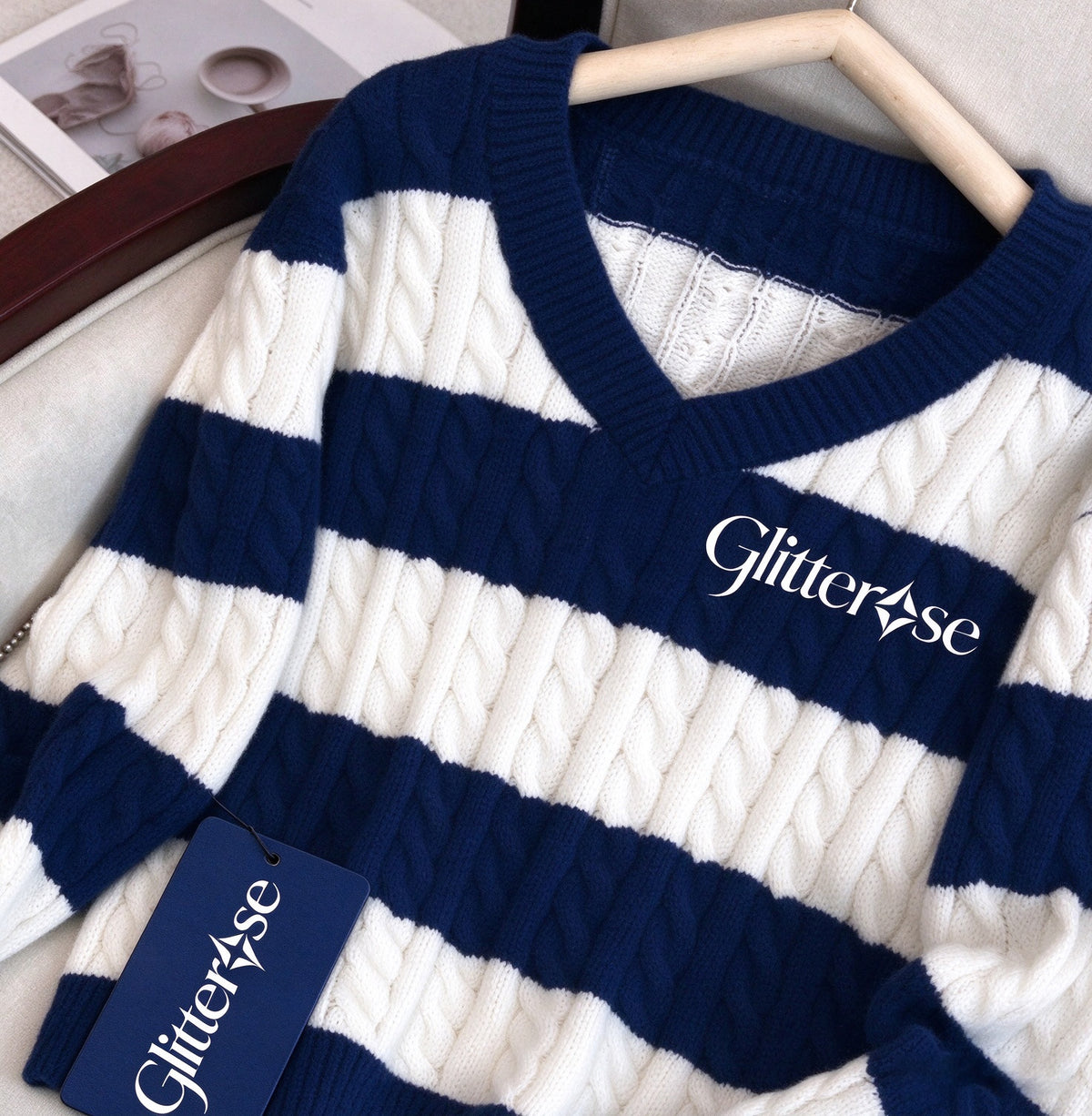 Glitterose Women's V Neck Cable Knit Sweater, Navy White Striped Long Sleeve Pullover Casual Loose Fit Jumper for Fall Winter
