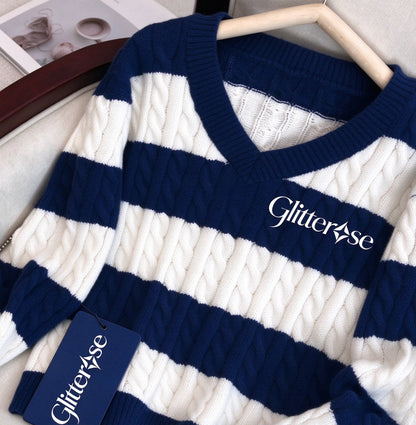 Glitterose Women's V Neck Cable Knit Sweater, Navy White Striped Long Sleeve Pullover Casual Loose Fit Jumper for Fall Winter
