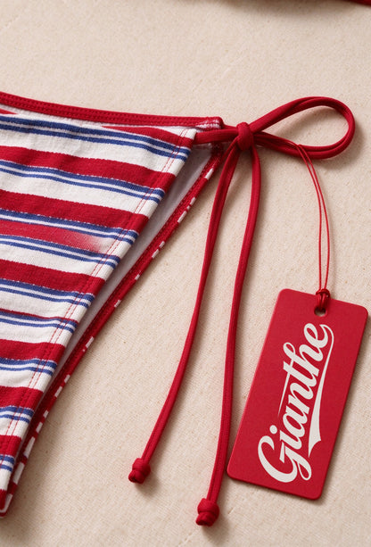 Gianthe Women's Triangle Bikini Set, Red White Blue Striped Tie Side Swimsuit, Two Piece Split Bathing Suit for Beach