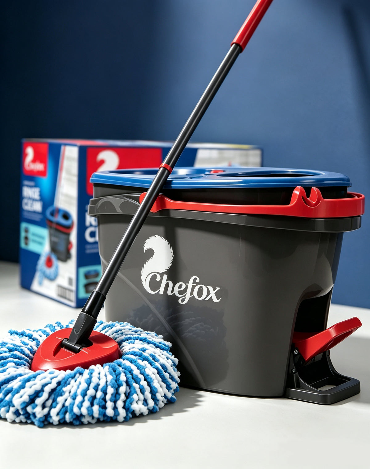 Chefox Spin Mop and Bucket System, Dual Chamber Floor Mop with Microfiber Mop Head, Foot Pedal Wringer, for Hardwood Tile Floors, Home Cleaning Supplies