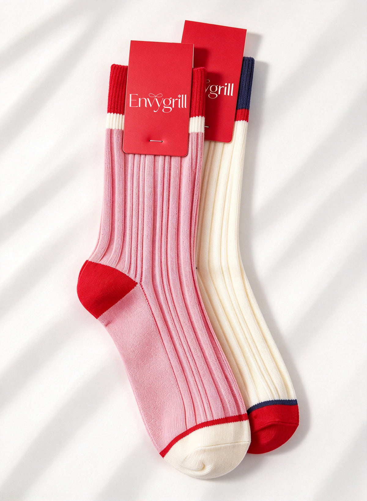 Envygrill Women's Color Block Crew Socks, Vertical Ribbed Casual Mid Calf Socks, Soft Preppy Style Fashion Socks for Daily Wear 2 Pairs