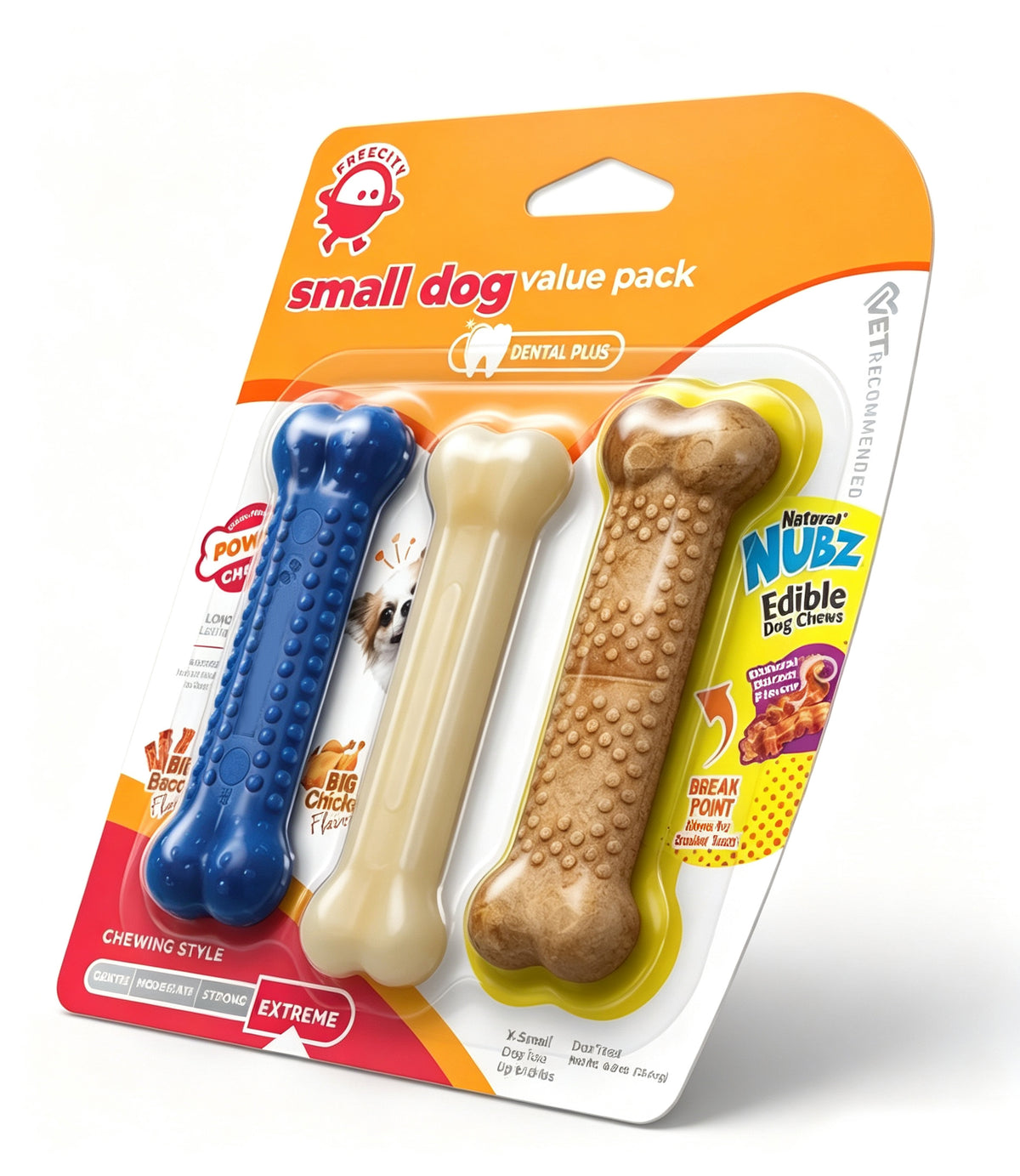 FREECITY Pet Toys, 3 Pack Small Dog Chew Toys Value Pack, Bone Shape Nylon & Edible Dog Chews, Bacon & Chicken Flavor, for Puppies & Small Dogs Up to 15 Lbs, Dental Cleaning Teething Toys