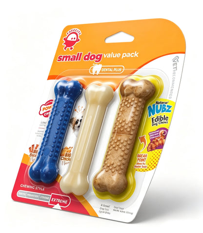 FREECITY Pet Toys, 3 Pack Small Dog Chew Toys Value Pack, Bone Shape Nylon & Edible Dog Chews, Bacon & Chicken Flavor, for Puppies & Small Dogs Up to 15 Lbs, Dental Cleaning Teething Toys