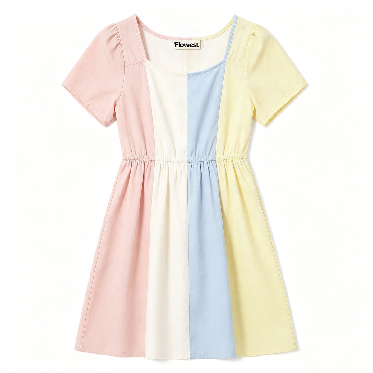 Flowest Girls Short‑Sleeve Color Block Midi Dress, Square Neck Elastic Waist Casual Summer A‑Line Dress