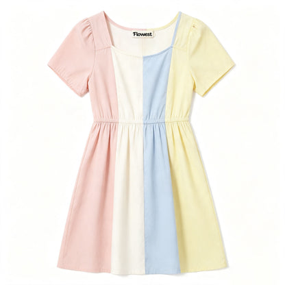 Flowest Girls Short‑Sleeve Color Block Midi Dress, Square Neck Elastic Waist Casual Summer A‑Line Dress