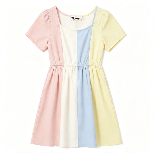Flowest Girls Short‑Sleeve Color Block Midi Dress, Square Neck Elastic Waist Casual Summer A‑Line Dress