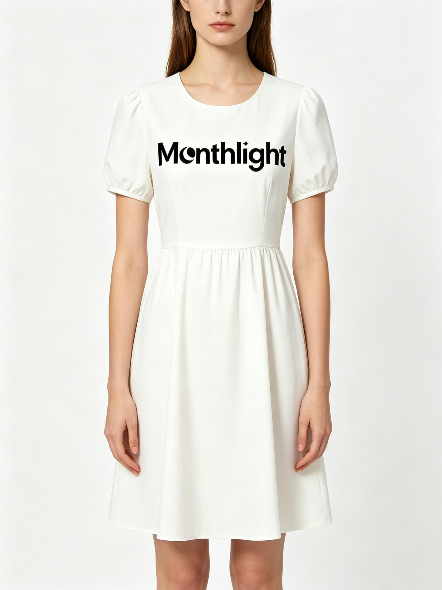 Monthlight Women's Puff Short Sleeve A-Line Dress, Round Neck Flared Swing Mini Dress, Casual Summer Wedding Guest White Dress