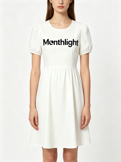 Monthlight Women's Puff Short Sleeve A-Line Dress, Round Neck Flared Swing Mini Dress, Casual Summer Wedding Guest White Dress