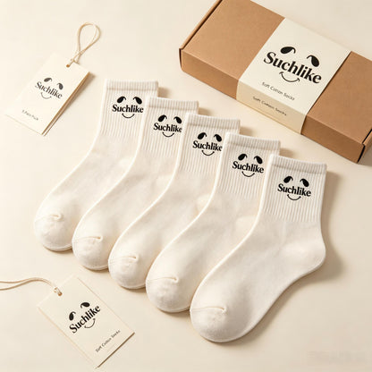 Suchlike Smile Logo Crew Socks, Soft Cotton Ribbed Casual Mid Calf Socks, Breathable Fashion Daily Dress Socks for Women Men, Gift Box Packed
