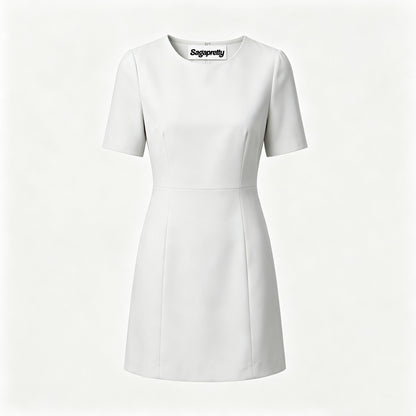 Sagapretty Women’s Round Neck Short Sleeve Mini Dress, Solid White Tailored Sheath Dress, Elegant Slim Fit Office Casual Dress, Minimalist Short Dress for Business Interview Wedding Daily Occasion