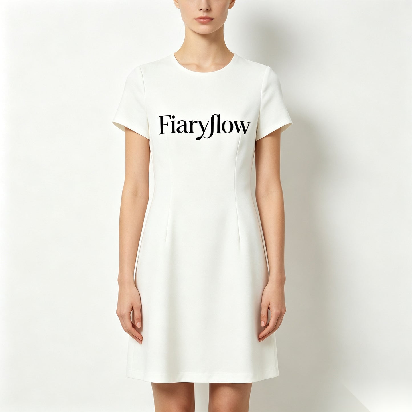 Fiaryflow Women's Short Sleeve Crew Neck Mini Dress, Elegant Slim Fit A-Line Casual Office Dress, Soft Smooth Fabric Versatile White Short Dress for Daily Work Party