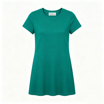 Thisister Women's Short Sleeve Crew Neck Mini Dress, Solid Green A-Line Flare Dress, Soft Stretchy Knit Casual Summer Dress for Daily Dating Vacation