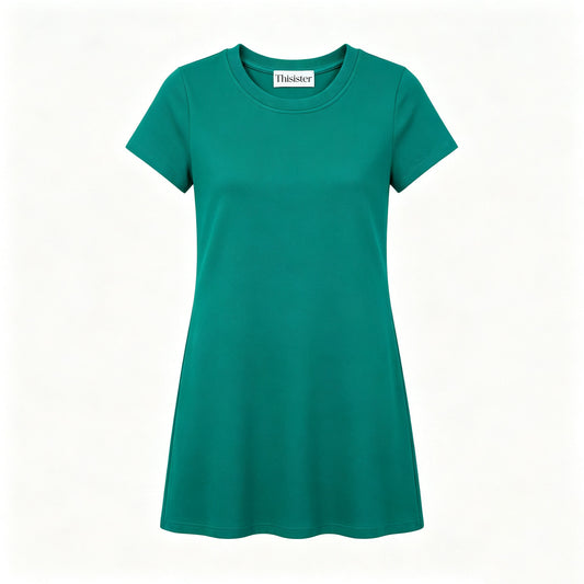 Thisister Women's Short Sleeve Crew Neck Mini Dress, Solid Green A-Line Flare Dress, Soft Stretchy Knit Casual Summer Dress for Daily Dating Vacation