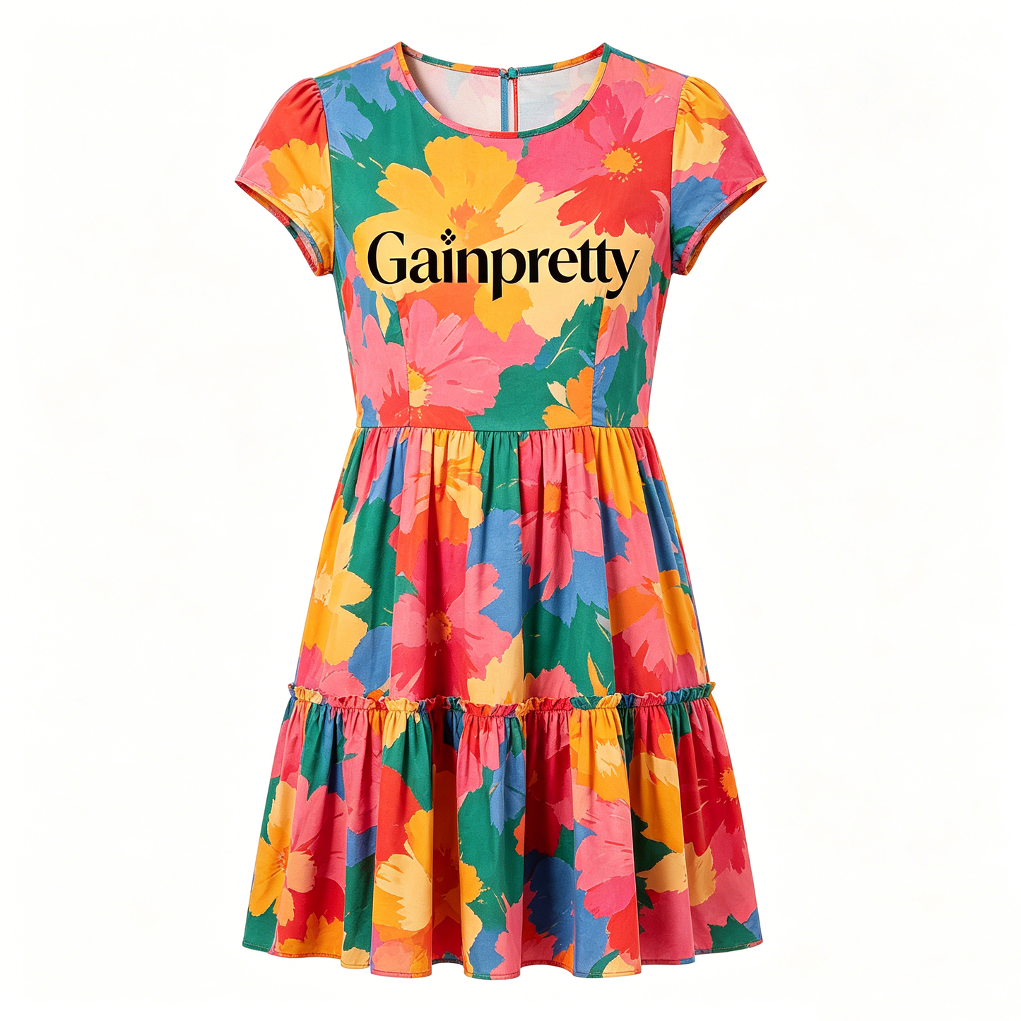 Gainpretty Women’s Floral Print Short Sleeve Dress, Casual Tiered A-Line Mini Dress, Summer Swing Dress for Beach, Party & Daily Wear