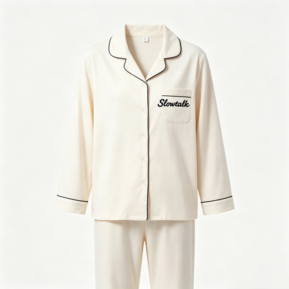 Slowtalk Women's Long Sleeve Pajama Set, Soft Cotton Blend Button-Down Sleepwear, 2-Piece Loungewear with Contrast Piping, Cozy Nightwear for All Seasons