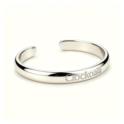 Clockoala Polished Silver Open Cuff Bracelets, Minimalist Engraved Brand Name Bangle Bracelet, Adjustable Tarnish Resistant Metal Bracelets Jewelry Gift for Women Men