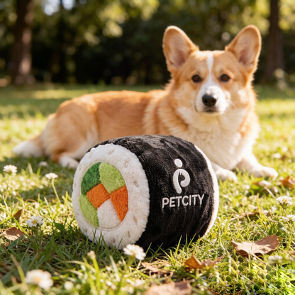 P PETCITY Sushi Roll Plush Dog Toy, Interactive Squeaky Pet Chew Toy, Cute Soft Stuffed Food Shape Toy for Small Medium Large Dogs, Durable Teething Relief Puppy Toy