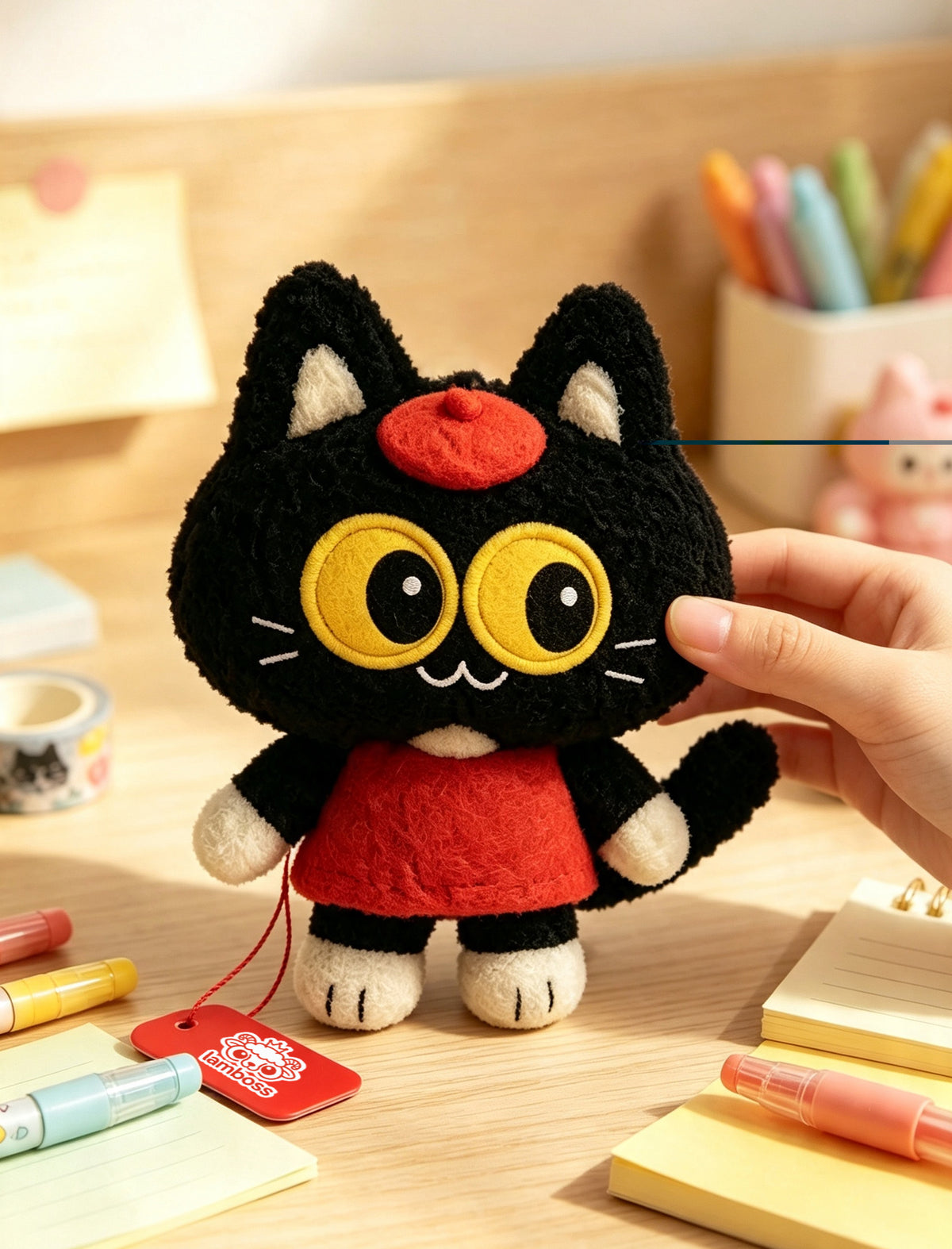lamboss Cute Black Cat Plush Toy, Soft Stuffed Animal Plush Toy with Gift Box, Kawaii Cartoon Kitty Plush Figure, Lovely Cat Plush Toy Gift for Kids, Birthday Decor