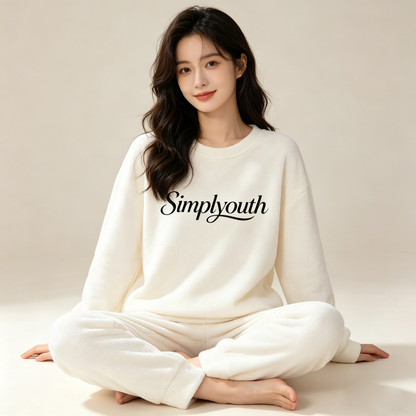 Simplyouth Women’s 2 Piece Loungewear Sleepwear Set, Crew Neck Long Sleeve Sweatshirt & Jogger Pants Soft Brushed Fleece Pajamas, Loose Fit Casual Home Outfit for Sleeping & Daily Indoor Wear