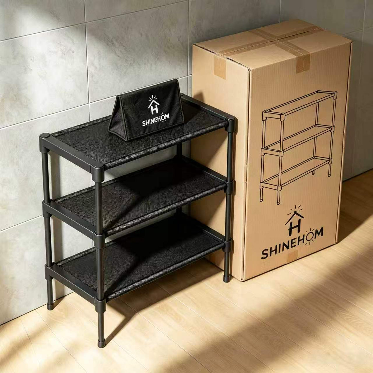H SHINEHOM 3 Tier Shoe Rack, Metal Frame Fabric Mesh Shoe Racks for Entryway, Tool Free Assembly Shoe Storage Organizer for Hallway Closet Home