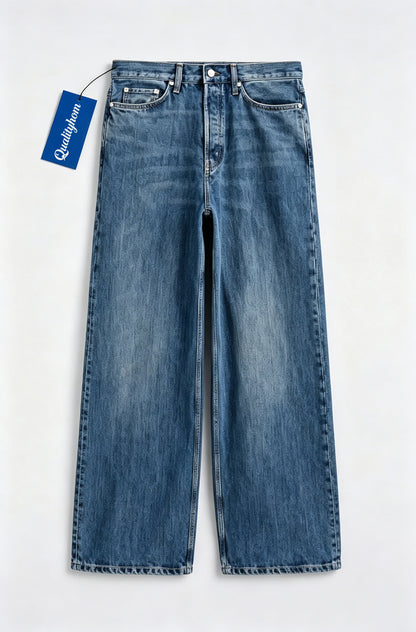 Qualityhom High Waist Wide Leg Jeans for Women, Vintage Washed Loose Denim Pants, Casual Straight Baggy Denim Trousers with Pockets